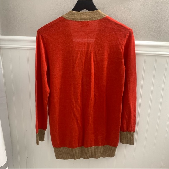 TORY BURCH Red Orange Tan Colorblock Merino Wool Knit Cardigan XS 30123102 - Picture 7 of 13